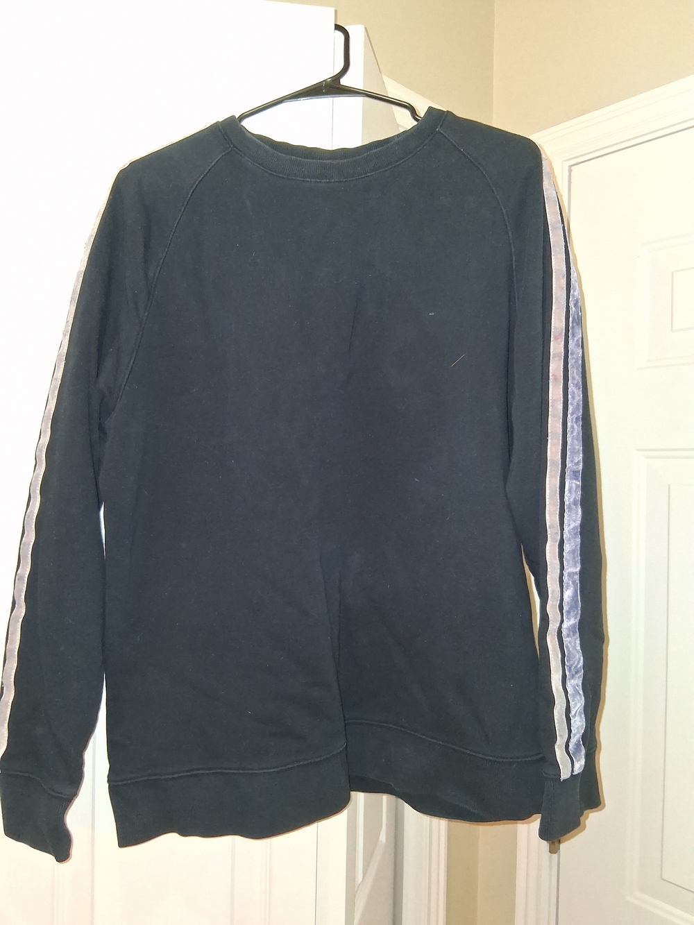 Original Use Black Crewneck Sweater with Pink and Blue Sleeve Stripes